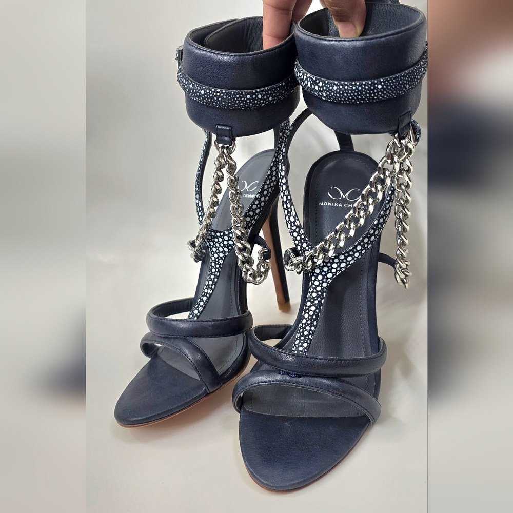 Monika Chiang Navy Blue and Silver Women's Heels NWOT